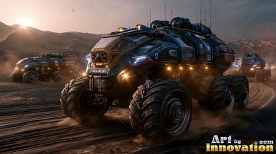 Chunky treaded tires carry an armored rover across the dusty red Martian hills at sunrise