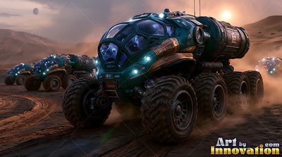 Heavy green rovers roll across the red desert dust under a pale, hazy sun