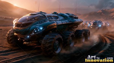 Angled toward the front, a heavy teal rover rolls across a dusty desert