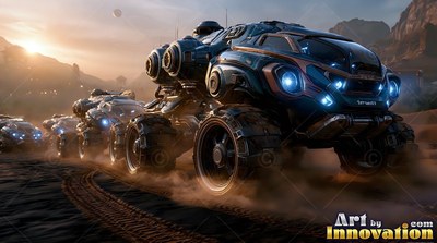 A line of heavy rovers kicks up dust on a red desert road at sunset