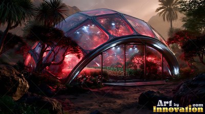 On a dark desert planet, a glass dome greenhouse shines with red light inside