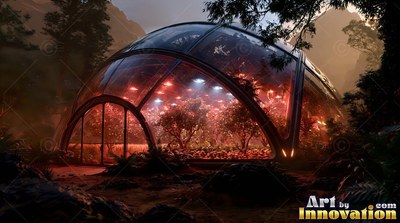 Sheltering small trees, a glass dome greenhouse shines with red ceiling lights