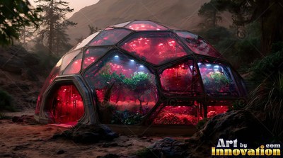 Glass greenhouse dome lit with red light on rocky ground