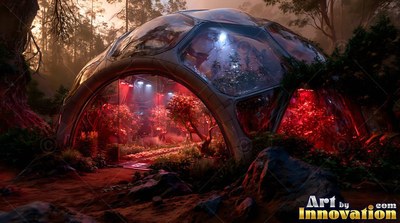 Red indoor lights fill a rounded glass greenhouse dome sitting on a dark rocky landscape