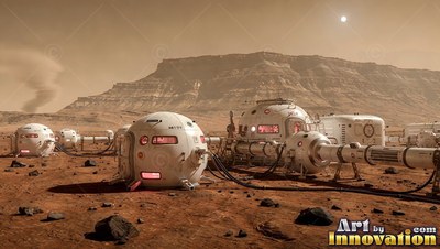 White habitat pods sit connected by tubes across a red plain under pale sunlight