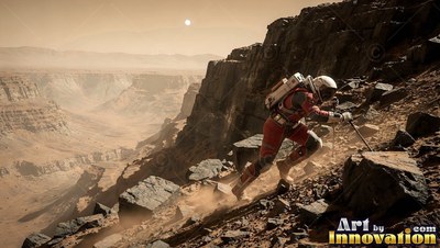 Leaning forward on a steep Martian hillside, an astronaut climbs over dark rocks