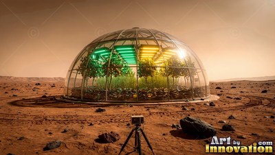 A glass greenhouse dome holds green plants under bright lights on the red Mars desert