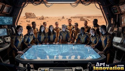 Inside a control room, astronauts in blue suits gather around a map table