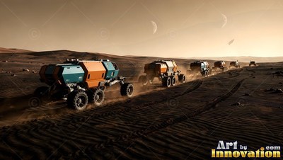 Driving in a line across the desert, rovers kick up dust under a hazy sky