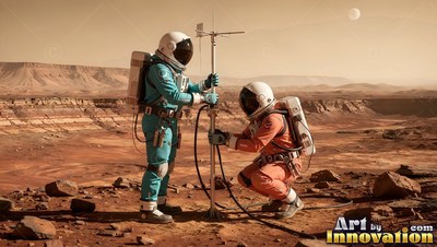 Two astronauts setting up a metal weather station on red Mars soil