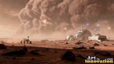 White geodesic domes stand on red Martian soil as a huge dust cloud rolls in behind