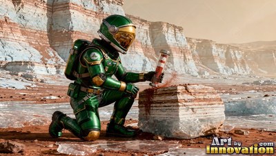 An astronaut in a green suit kneels to drill into layered rock under pale sunlight