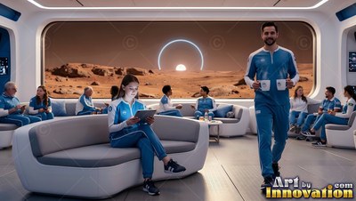 Walking forward inside a Mars lounge with crew members relaxing in blue tracksuits