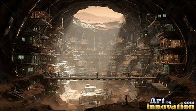 An underground city built into a circular cavern under dusty orange sunlight