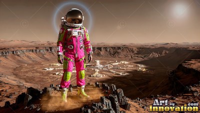 Above a red crater, an astronaut in a pink and green suit stands on dark rocks