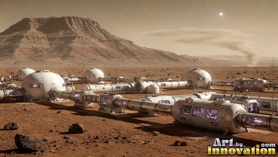 Sprawling across a red plain, connected white habitat domes sit below a mountain