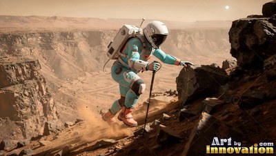 Astronaut in a blue spacesuit climbs a rocky ridge in a canyon