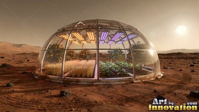 Curved glass panels enclose a greenhouse dome of green crops on a barren red plain