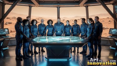 A crew in blue jumpsuits stands around a lit table against dusty orange light outside
