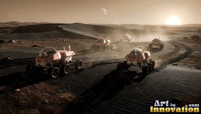 Facing forward across dark sand, rovers drive under a low bright sun