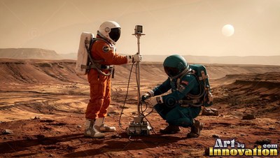 Two astronauts set up equipment on a dusty red plain under a pale sun