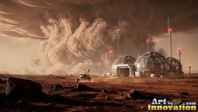 On a red plain, dome habitats and a rover face an approaching dust storm