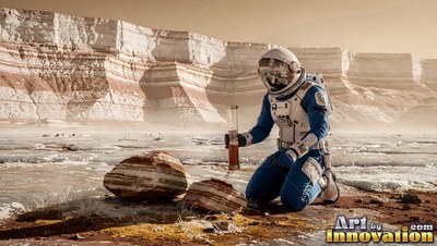 Kneeling on frozen red ground, an astronaut tests soil near layered cliffs