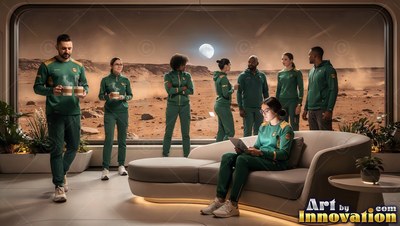 People in green suits inside a lounge by a Mars window