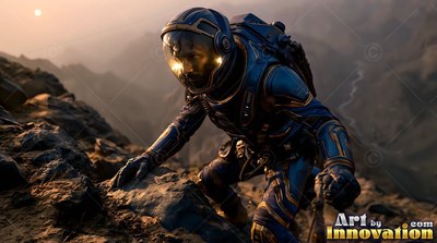 Wearing a dark blue spacesuit, an astronaut climbs a rocky mountain ridge under a hazy pale sun