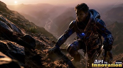 An astronaut in an armored suit climbs a steep rocky ridge in warm sunlight