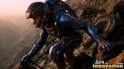 Climbing a dark rocky slope, an astronaut in a blue spacesuit looks ahead