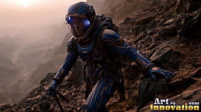 An astronaut in a blue spacesuit climbs up a steep rocky Martian hill