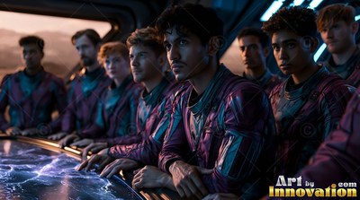 Inside a spaceship cabin, an attentive crew in purple suits gathers around a map table