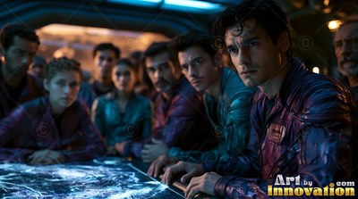 Gathering around a lighted table, crew members in purple jackets look ahead intently