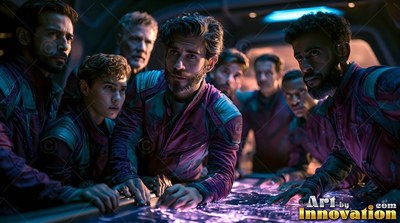 A spaceship crew in maroon suits leans over a map table
