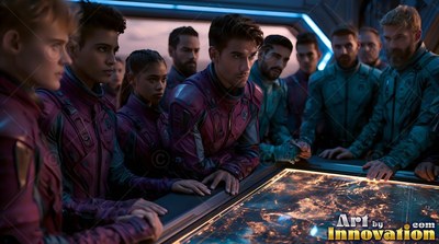 Wearing maroon uniforms, crew members stand around a lighted map table inside a station