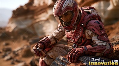 Crouching on rocky ground, an astronaut rests in a red spacesuit