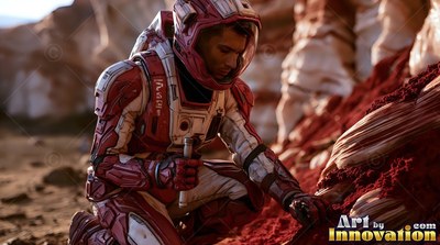 An astronaut in a red and white suit kneels by rocks on a dusty plain