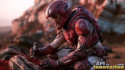 On red ground, an astronaut in a dark red suit kneels to examine a rock