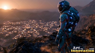 Looking out from a ridge, an astronaut watches a lit city spread across the valley at dusk