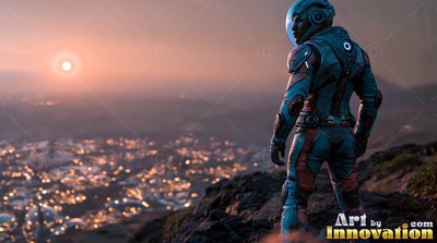 An astronaut in a blue spacesuit looks down at a lighted colony at sunset