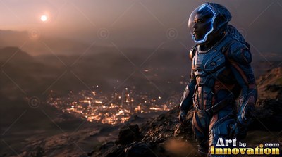 A glass visor frames an astronaut standing on a dark ridge over a lit valley town