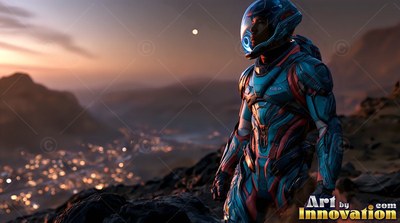 An astronaut stands on a rocky ridge, lit by the pale orange twilight above a settlement