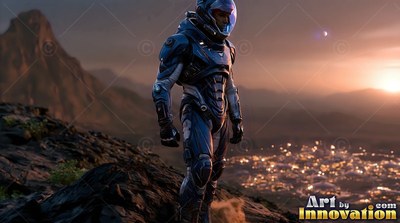 Standing on a rocky ridge, an astronaut in a blue suit overlooks a lit city