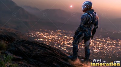 An astronaut in a dark suit stands on a rocky hill looking down at a city at sunset