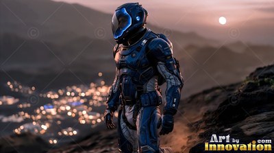 On a rocky hill at dusk, an astronaut in a blue spacesuit stands above a city