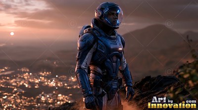Standing on a rocky ridge at sunset, an astronaut looks out over distant city lights