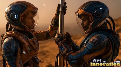 Two astronauts in orange spacesuits hold a metal pole on Mars