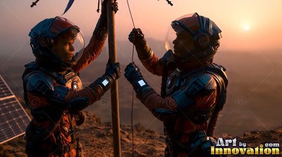 Reflective visors on two astronauts working on a tall antenna pole at sunset on Mars