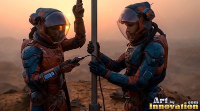 Two astronauts in space suits work on a metal pole under an orange sunset sky